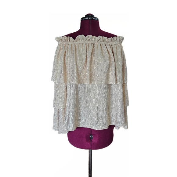 River Island Plus Plisse Bardot Off-Shoulder Cream Ruffle Top - Picture 4 of 15